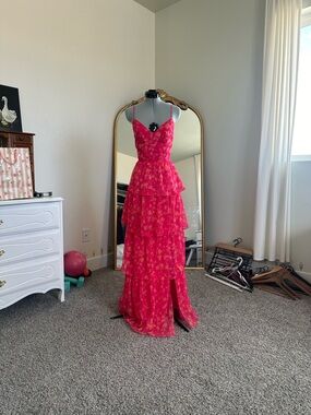 Tiered Pink Floral Maxi Dress with Spaghetti Straps